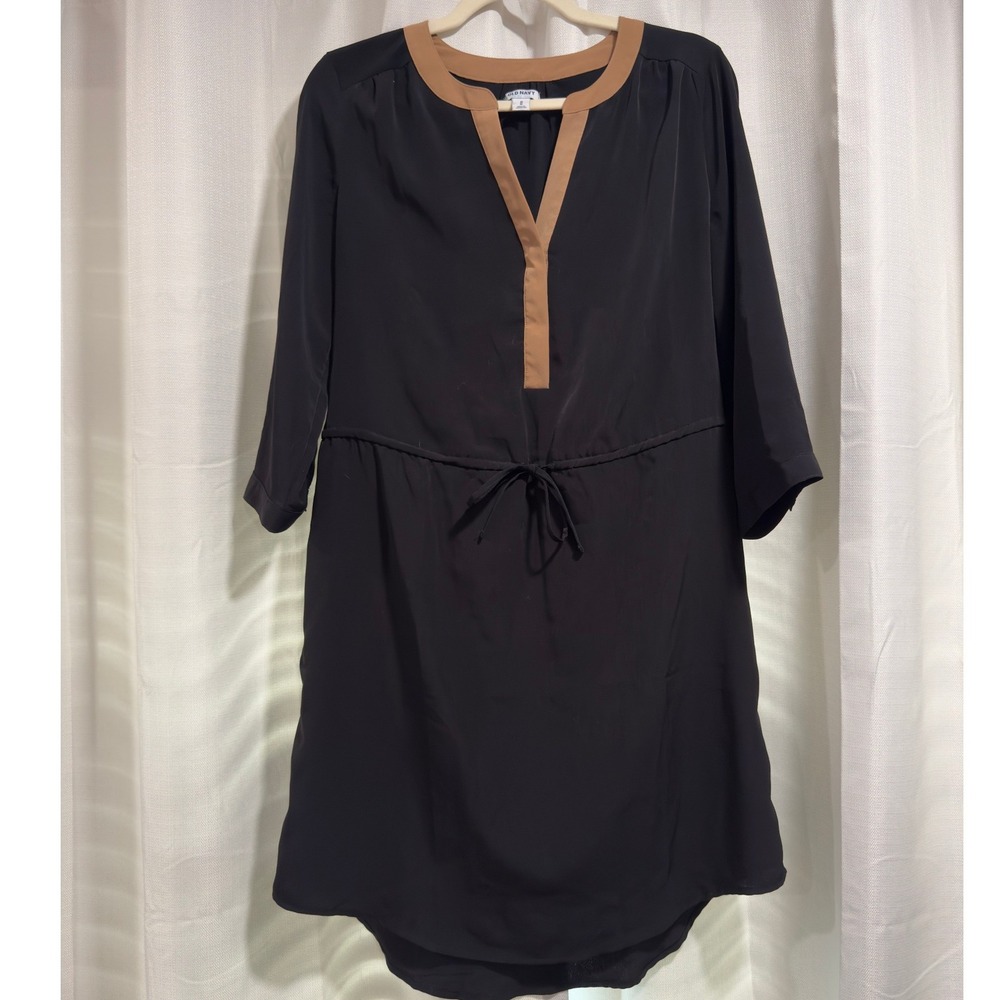 Old Navy Womens Black Shift Dress Tan Trim Drawstring Waist 3/4 Sleeve Size M